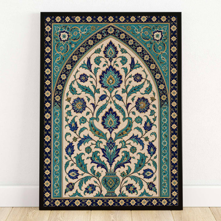 Fine art print of an Ottoman Iznik ceramic tile panel featuring a pointed ogee arch, turquoise palmette leaves, and cobalt blue floral vase motifs. Offered by MapYourDreams, this artwork is available in flexible options including unframed paper, custom wooden frames, and gallery canvas wraps for room decor.