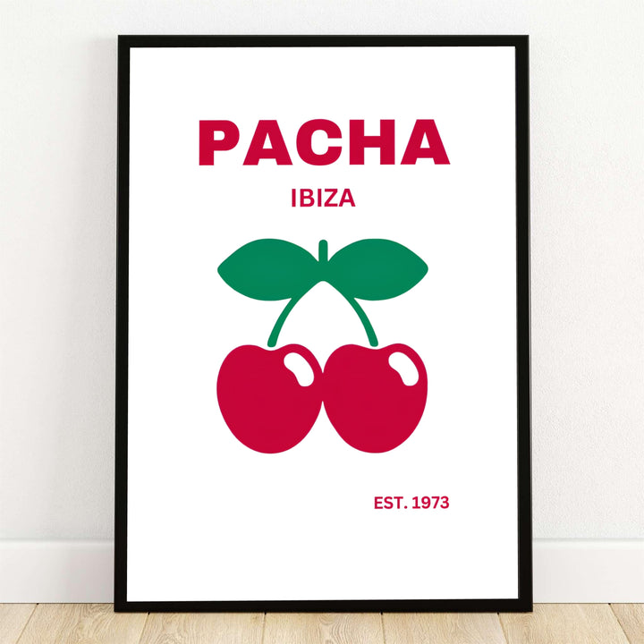 Pacha Ibiza minimalist poster featuring the iconic red cherries motif and Est 1973 text on a white background in Ibiza, Spain, presented by MapYourDreams as an unframed fine art paper print, gallery wrapped canvas, or custom framed wall decor piece for modern living rooms.