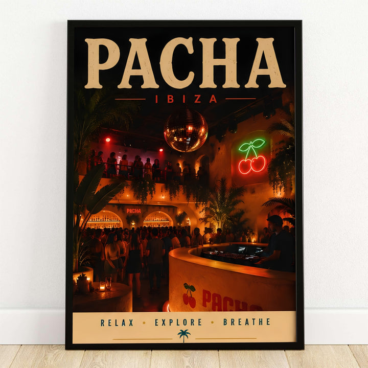 Retro Pacha Ibiza nightclub poster displaying warm red neon lighting, glowing cherry signs, and disco ball reflections in Ibiza, Spain, offered by MapYourDreams as an unframed fine art paper print, gallery wrapped canvas, or custom framed wall decor piece for modern living rooms and lounges.