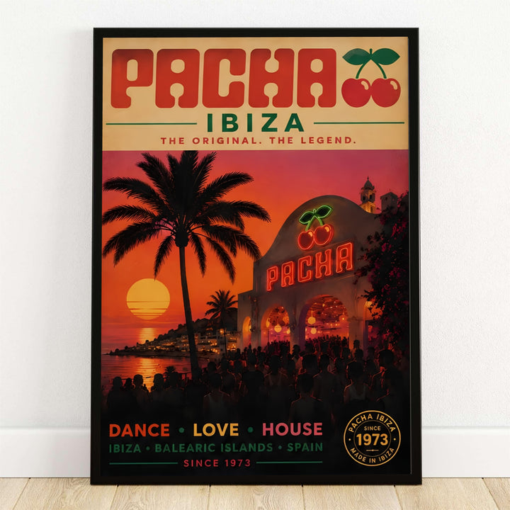 Pacha Ibiza Since 1973 retro nightclub art print displaying glowing red neon logo signs, whitewashed Balearic building architecture, sunset palm tree silhouettes, and a crowd of dance music lovers, offered by MapYourDreams as an unframed poster, stretched gallery canvas, or framed wall decor.