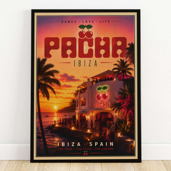 Pacha Ibiza sunset travel art print depicting the coastal whitewashed club exterior illuminated by glowing red neon cherry signs along the rocky Mediterranean shore in Spain, presented by MapYourDreams as an unframed poster print, stretched gallery canvas art, or custom framed wall decor.