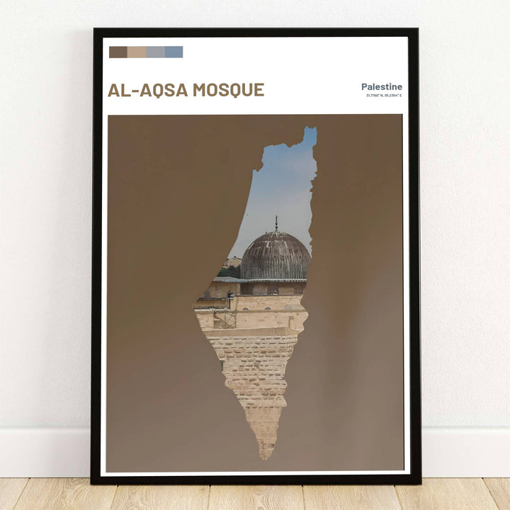 Modern minimalist art print showing the historical map of Palestine as a silhouette cutout revealing Al Aqsa Mosque in Jerusalem inside. Offered by MapYourDreams, this artwork is available in flexible options including unframed paper, custom wooden frames, and gallery canvas wraps for room decor.