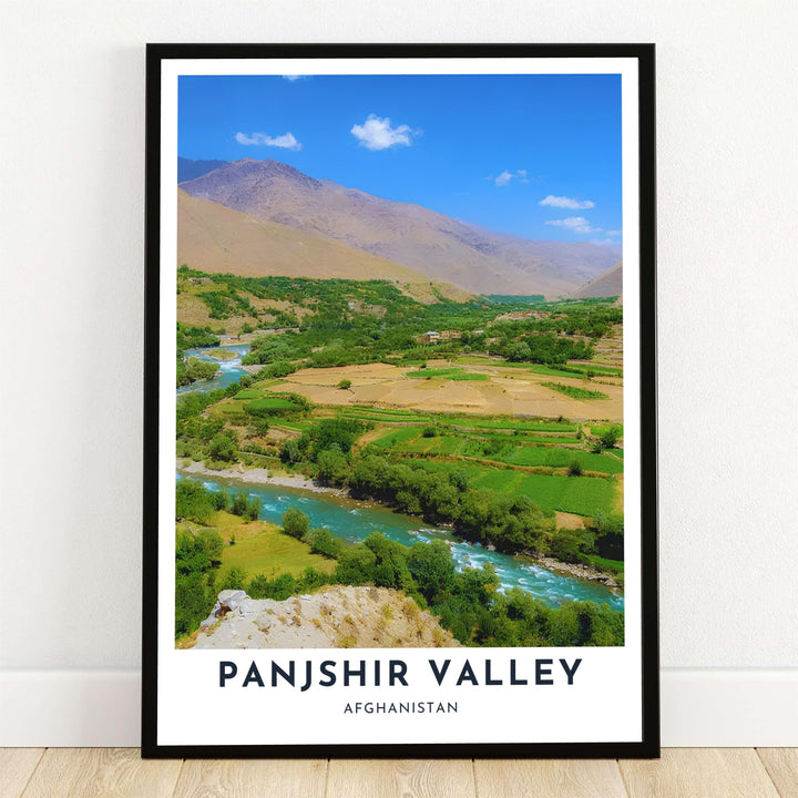 Vibrant landscape photo poster of Panjshir Valley, Afghanistan, featuring the winding Panjshir River, green farming fields, and sunlit Hindu Kush mountains under a clear blue sky. MapYourDreams provides this nature print as an unframed art print, a stretched canvas display, or a sleek black framed poster for modern living rooms.