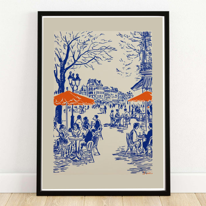 Minimalist European travel poster line drawing displaying a lively Parisian terrace scene in Paris France. MapYourDreams offers versatile framed, unframed, and canvas print wall decor formats.