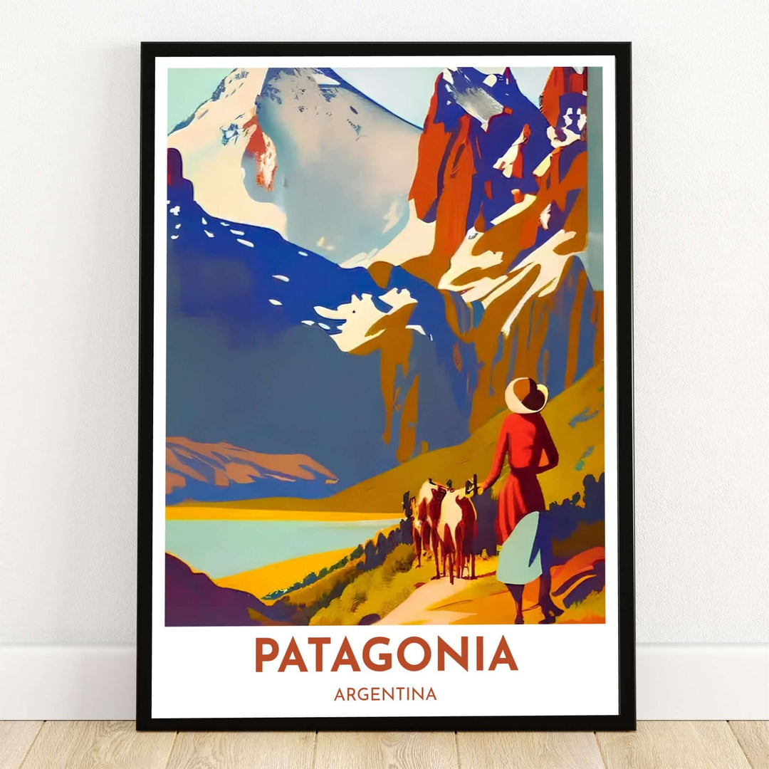 Patagonia Mountains poster print featuring a vintage illustration of Mount Fitz Roy, pack horses, a traveler in a red coat, and a turquoise lake. Crafted by MapYourDreams, this design can be ordered as borderless archival paper, custom wooden frames, or gallery canvas wraps.