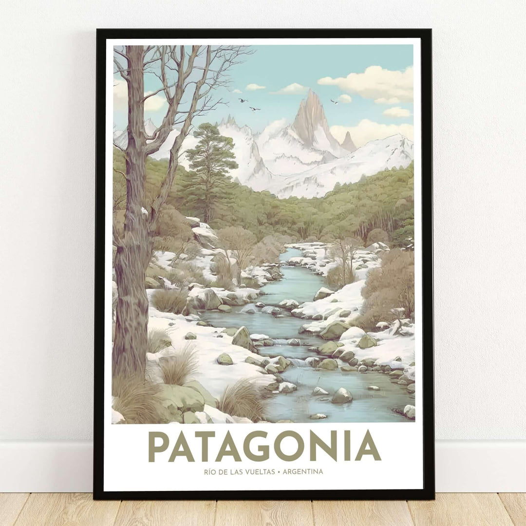 Patagonia Stream print featuring a vintage illustration of Río de las Vueltas, bare winter trees, snow-dusted riverbanks, and Mount Fitz Roy. Crafted by MapYourDreams, this design can be ordered as borderless archival paper, custom wooden frames, or gallery canvas wraps.