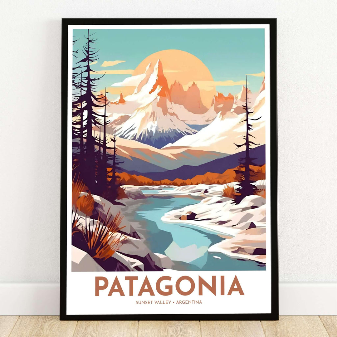 Illustrating the glowing golden sunset over Mount Fitz Roy in Argentina, this Patagonia Sunset Mountain Art Print features snowy alpine peaks and a tranquil river valley, available from MapYourDreams in versatile choices such as unframed paper, custom wooden frames, and gallery canvas wraps.