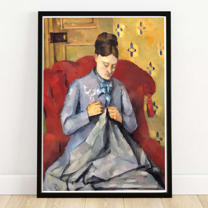 Warm classical portrait canvas art print of Paul Cezanne Madame Cezanne Sewing 1877 depicting a peaceful home scene in Paris France. MapYourDreams offers versatile framed wall art, unframed poster prints, and stretched canvas choices for art lovers and home decorators alike.
