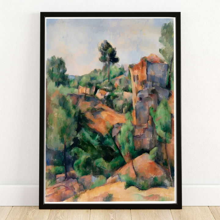 Warm earth-toned nature canvas art print of Paul Cezanne Bibemus Quarry 1895 depicting a quarry ravine in Aix-en-Provence France. MapYourDreams offers versatile framed wall art, unframed poster prints, and stretched canvas choices for art lovers and home decorators alike.
