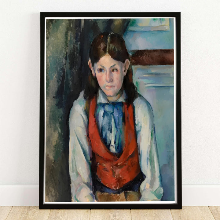 Warm classical portrait canvas art print of Paul Cezanne Boy In A Red Vest 1888 depicting a pensive youth in Paris France. MapYourDreams offers versatile framed wall art, unframed poster prints, and stretched canvas choices for art lovers and home decorators alike.