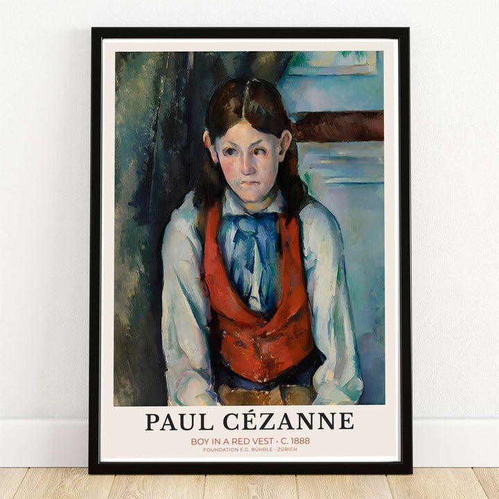 Paul Cezanne Boy In Red Vest 1888 fine art exhibition poster created in Paris France and exhibited in Zurich Switzerland featuring gallery typography. MapYourDreams provides custom framed wall art, unframed paper prints, and gallery stretched canvas wall decor options to elevate home decor.