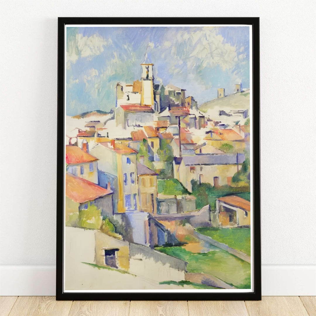 Paul Cezanne Gardanne 1885 fine art poster depicting a sun-drenched hilltop town and church tower in Gardanne France near Aix-en-Provence. MapYourDreams provides custom framed wall art, unframed paper prints, and gallery stretched canvas wall decor options to elevate home decor.