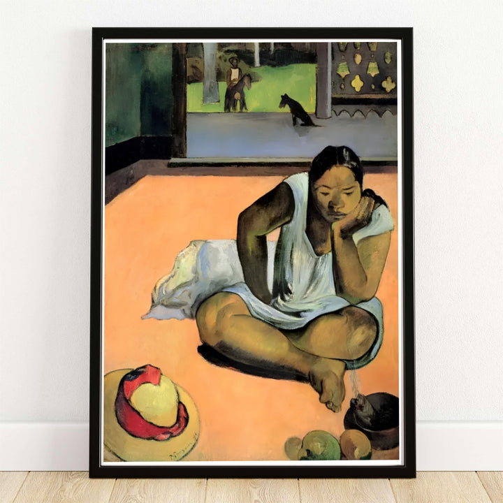 Minimalist tropical canvas print of Paul Gauguin Brooding Woman Te Faaturuma 1891 depicting a seated figure in Tahiti French Polynesia. MapYourDreams offers versatile framed wall art, unframed poster prints, and stretched canvas choices for art lovers and home decorators alike.