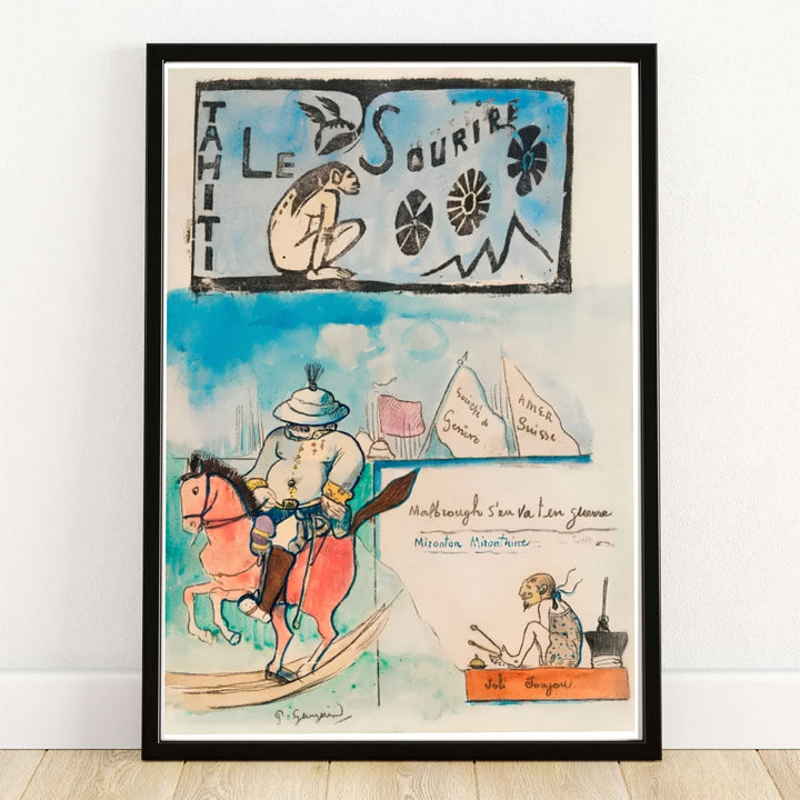 Minimalist graphic canvas print of Paul Gauguin Caricatures Governor Gallet 1900 depicting a man riding a rocking horse in Papeete, Tahiti, French Polynesia. MapYourDreams offers versatile framed wall art, unframed poster prints, and stretched canvas choices for art lovers and home decorators alike.