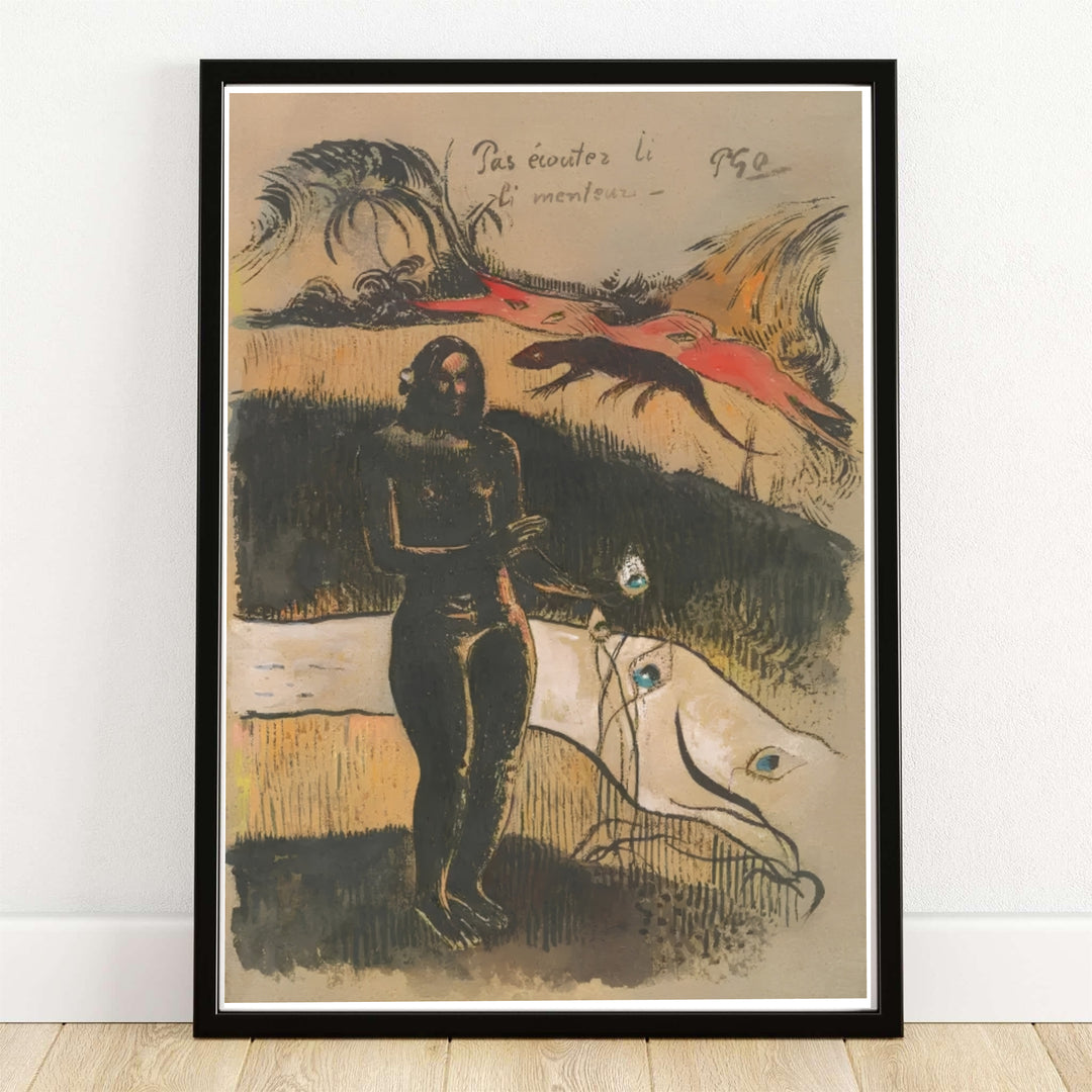 Minimalist woodblock canvas print of Paul Gauguin Delightful Land Nave Nave Fenua 1894 depicting historic Polynesian symbolism in Tahiti, French Polynesia. MapYourDreams offers versatile framed wall art, unframed poster prints, and stretched canvas choices for art collectors.
