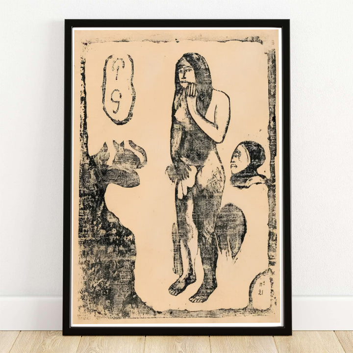 Minimalist woodcut canvas print of Paul Gauguin Eve Suite Of Late Woodblocks 1898 depicting historic Polynesian symbolism in Tahiti, French Polynesia. MapYourDreams offers versatile framed wall art, unframed poster prints, and stretched canvas choices for fine art collectors.
