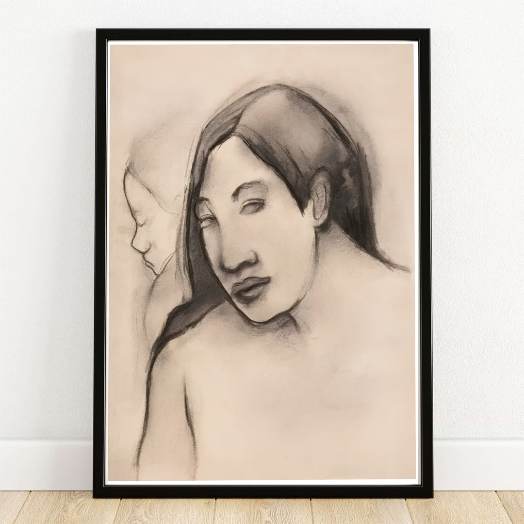Minimalist drawing canvas print of Paul Gauguin Heads Of Tahitian Women 1891 depicting historic Polynesian portraiture in Tahiti, French Polynesia. MapYourDreams offers versatile framed wall art, unframed poster prints, and stretched canvas choices for fine art collectors.