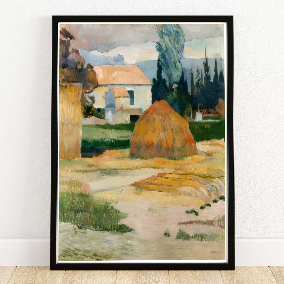 Warm harvest landscape canvas print of Paul Gauguin Landscape Near Arles 1888 depicting historical farmlands in Arles, Provence, France. MapYourDreams offers versatile framed wall art, unframed poster prints, and stretched canvas choices for art collectors and enthusiasts.