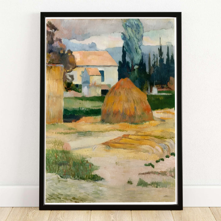 Warm harvest landscape canvas print of Paul Gauguin Landscape Near Arles 1888 depicting historical farmlands in Arles, Provence, France. MapYourDreams offers versatile framed wall art, unframed poster prints, and stretched canvas choices for art collectors and enthusiasts.