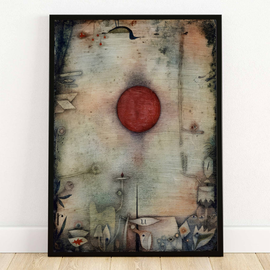 Preserved within esteemed international museum archives, this striking 1930 surrealist botanical painting titled Ad Marginem 1930 by Paul Klee portrays a luminous red sun framed by mystical border flora. Offered by MapYourDreams, this stunning wall decor is available in flexible options including unframed paper, custom wooden frames, and gallery canvas wraps to suit any sophisticated interior decor style.