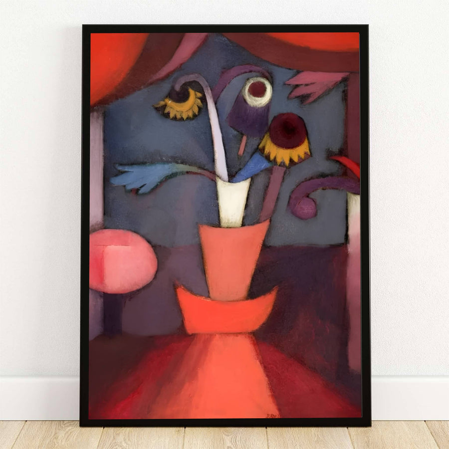 Bathed in the moody twilight of an autumn evening, this striking 1932 expressionist floral composition by Paul Klee features otherworldly botanical forms in a vibrant vase. Offered by MapYourDreams, this artwork is available in flexible options including unframed paper, custom wooden frames, and gallery canvas wraps.
