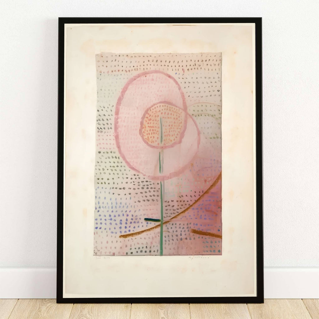 Bathed in soft morning light, this delicate Paul Klee Blossoming (Blühend) 1934 print features a luminous pink blossom hovering over a slender stem amidst stippled fields. Offered by MapYourDreams, this artwork is available in flexible options including unframed paper, custom wooden frames, and gallery canvas wraps.