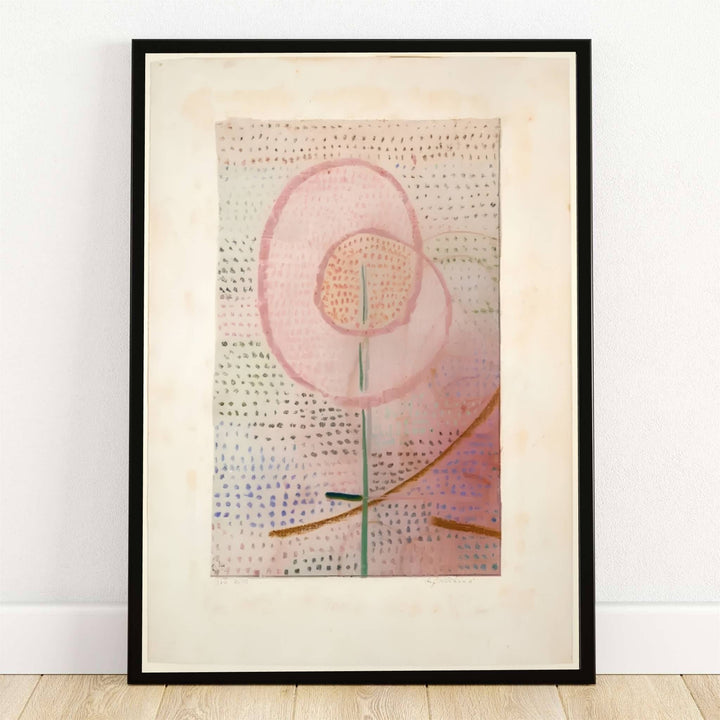 Bathed in soft morning light, this delicate Paul Klee Blossoming (Blühend) 1934 print features a luminous pink blossom hovering over a slender stem amidst stippled fields. Offered by MapYourDreams, this artwork is available in flexible options including unframed paper, custom wooden frames, and gallery canvas wraps.