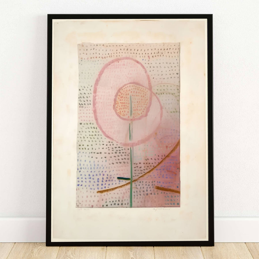 Bathed in soft morning light, this delicate Paul Klee Blossoming (Blühend) 1934 print features a luminous pink blossom hovering over a slender stem amidst stippled fields. Offered by MapYourDreams, this artwork is available in flexible options including unframed paper, custom wooden frames, and gallery canvas wraps.