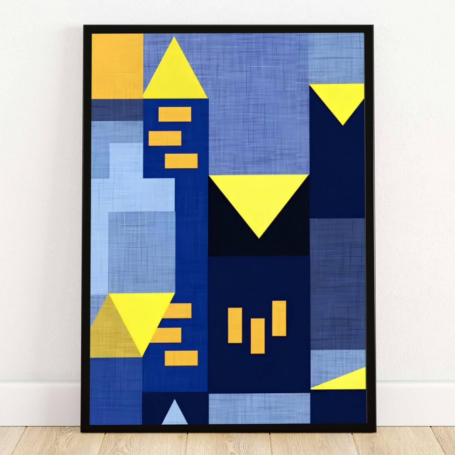 Bathed in the deep indigo hues of an imaginary midnight city reminiscent of the historic Bauhaus design workshops in Germany, this striking Paul Klee Blue Night (Blaue Nacht) poster features structured geometric towers and glowing golden accents. Offered by MapYourDreams, this artwork is available in flexible options including unframed paper, custom wooden frames, and gallery canvas wraps.