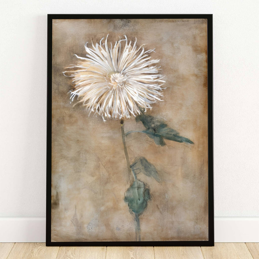 Preserved within esteemed Dutch museum archives, this striking 1900 naturalist floral painting by Piet Mondrian portrays a detailed white chrysanthemum blossom against a warm sepia field. Offered by MapYourDreams as a stunning Piet Mondrian Chrysanthemum poster, this botanical wall art is available in flexible options including unframed paper, custom wooden frames, and gallery canvas wraps to suit any sophisticated interior decor style.