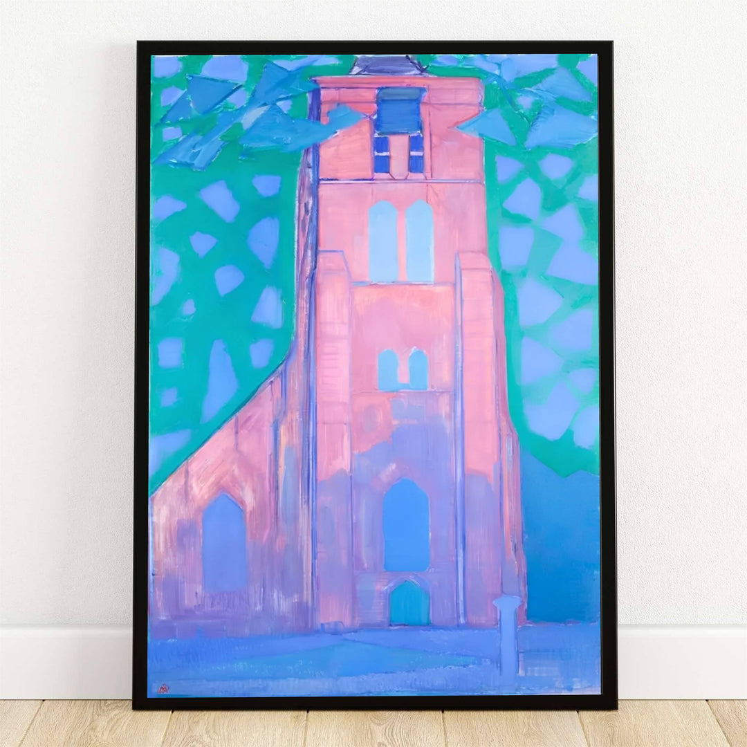 Preserved within esteemed Dutch museum archives, this striking 1914 expressionist painting by Piet Mondrian portrays the iconic medieval church tower at Domburg against vibrant coastal color fields. Offered by MapYourDreams as a stunning architectural art print, this historic landmark wall decor is available in flexible options including unframed paper, custom wooden frames, and gallery canvas wraps to suit any sophisticated interior decor style.