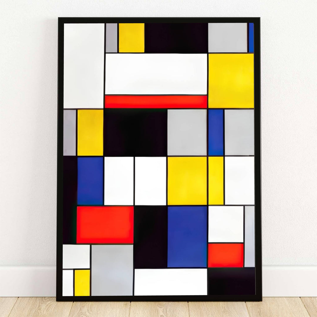 Preserved within esteemed international museum archives, this striking 1920 neoplasticism abstract painting by Piet Mondrian portrays a precise grid of black lines enclosing primary color blocks. Offered by MapYourDreams as a stunning geometric art print, this historic masterpiece wall decor is available in flexible options including unframed paper, custom wooden frames, and gallery canvas wraps to suit any sophisticated interior decor style.