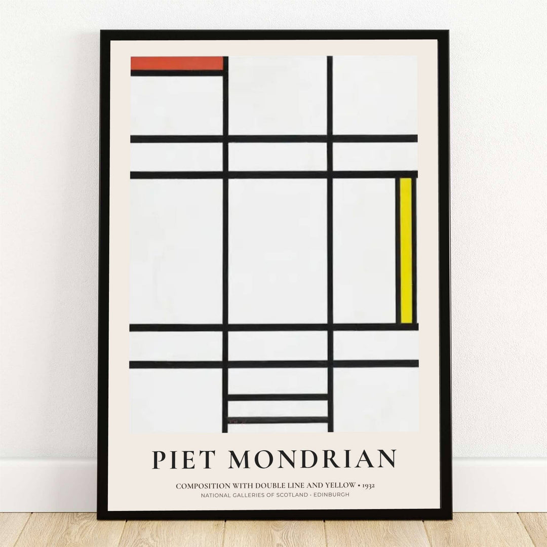 Preserved within the esteemed National Galleries of Scotland in Edinburgh, this striking 1932 neoplasticism abstract painting by Piet Mondrian portrays a bold asymmetric grid featuring signature double lines and a vibrant yellow vertical bar. Offered by MapYourDreams as a stunning geometric art print, this historic 1932 exhibition masterpiece wall decor is available in flexible options including unframed paper, custom wooden frames, and gallery canvas wraps to suit any sophisticated interior decor style.