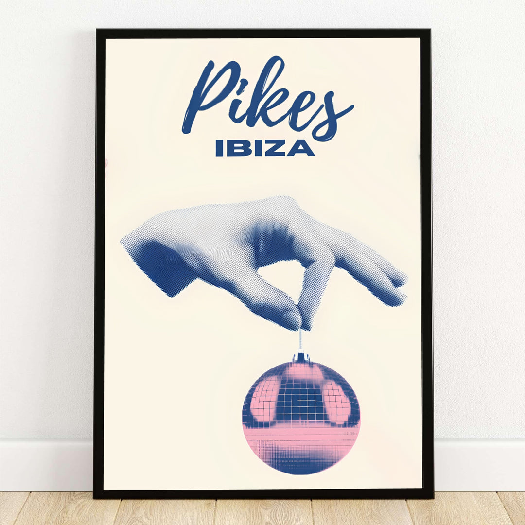 Pikes Ibiza Hotel retro art print featuring a blue halftone stipple hand holding a pink disco ball on a cream background, offered by MapYourDreams as an unframed poster print, stretched gallery canvas art, or custom framed wall decor for music rooms and modern living spaces in San Antonio, Ibiza.