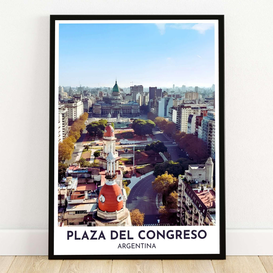 Overlooking the iconic plaza toward the Congress Palace in Argentina, this Plaza del Congreso print showcases warm terracotta domes and lush green avenues, available from MapYourDreams in flexible display choices including unframed paper, custom wooden frames, and gallery canvas wraps.