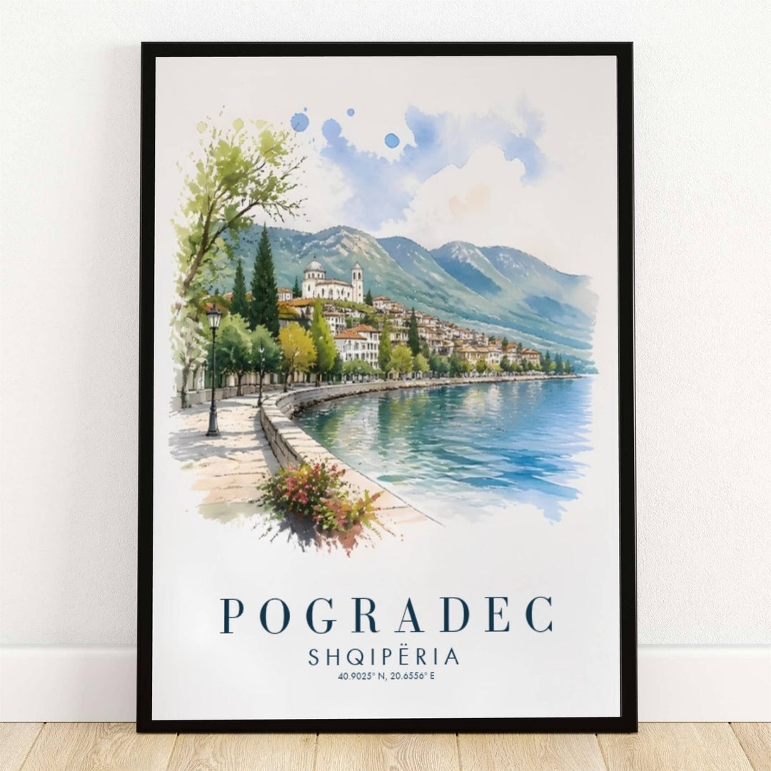 A sweeping stone promenade lined with vintage lampposts and shade trees curves along the tranquil turquoise waters of Lake Ohrid in Pogradec, Albania. Offered by MapYourDreams, this artwork is available in flexible options including unframed paper, custom wooden frames, and gallery canvas wraps.