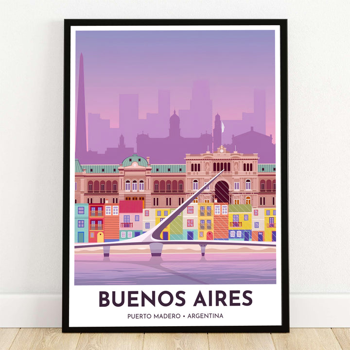 Highlighting the iconic white Puente de la Mujer bridge in Argentina, this Puerto Madero art print showcases a soft lavender sunset skyline and colorful facades, available from MapYourDreams in flexible choices such as unframed paper, custom wooden frames, and gallery canvas wraps.