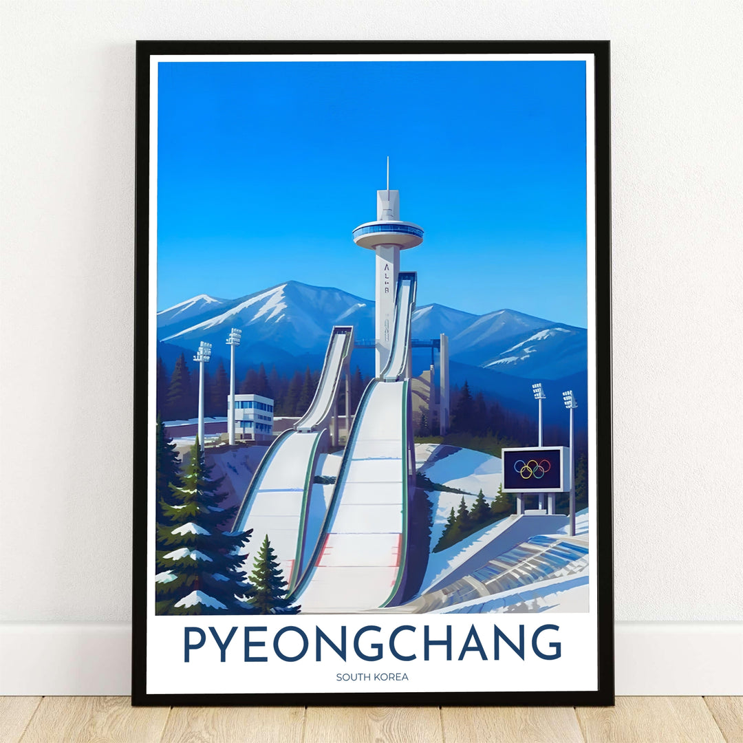 High-detail vector art print featuring the Alpensia Ski Jumping Centre in Pyeongchang, South Korea, set against snowy mountain peaks, evergreen pine trees, and an Olympic scoreboard under a bright blue sky. Offered by MapYourDreams, this artwork is available in flexible options including unframed paper, custom wooden frames, and gallery canvas wraps.