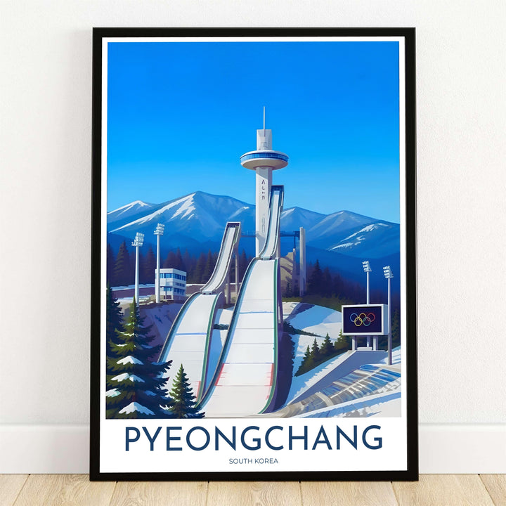 High-detail vector art print featuring the Alpensia Ski Jumping Centre in Pyeongchang, South Korea, set against snowy mountain peaks, evergreen pine trees, and an Olympic scoreboard under a bright blue sky. Offered by MapYourDreams, this artwork is available in flexible options including unframed paper, custom wooden frames, and gallery canvas wraps.