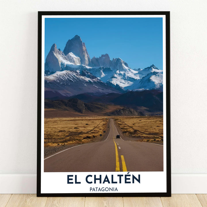 Driving along the open asphalt of Ruta 23 toward Mount Fitz Roy in Argentina, this El Chaltén photographic print showcases golden desert plains and snow-capped granite spires, available from MapYourDreams in flexible choices such as unframed paper, custom wooden frames, and gallery canvas wraps.