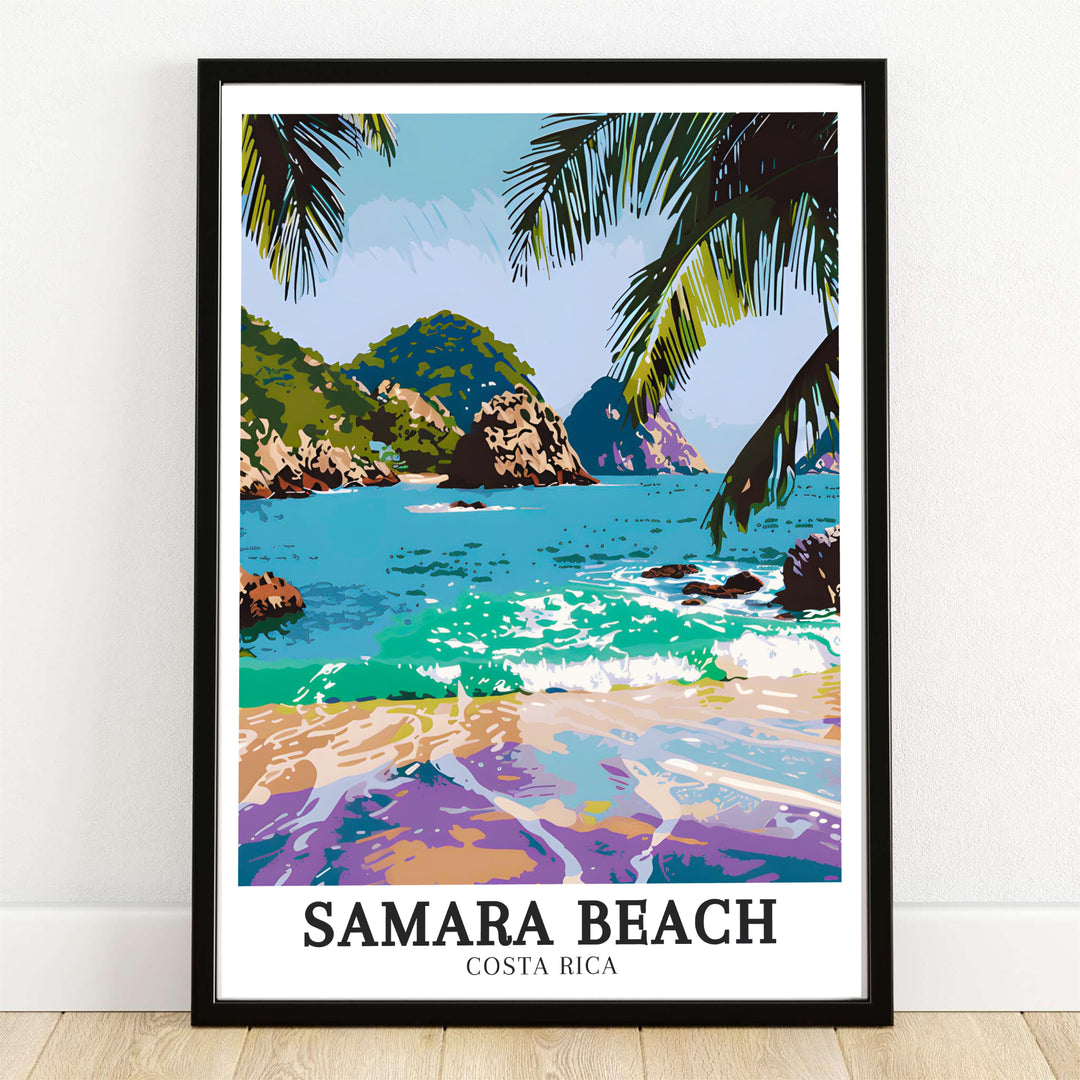 Tropical palm leaves frame turquoise ocean waves breaking on Samara Beach with Isla Chora in Costa Rica on this travel poster. MapYourDreams provides framed, unframed, and canvas options.