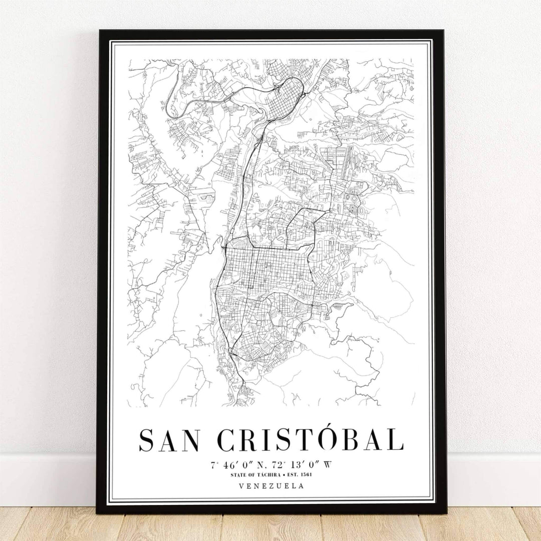 San Cristobal Venezuela black and white map art print featuring a high-contrast minimalist street grid, river lines, and geographical coordinates. Crafted by MapYourDreams, this design can be ordered as borderless archival paper, custom wooden frames, or gallery canvas wraps.