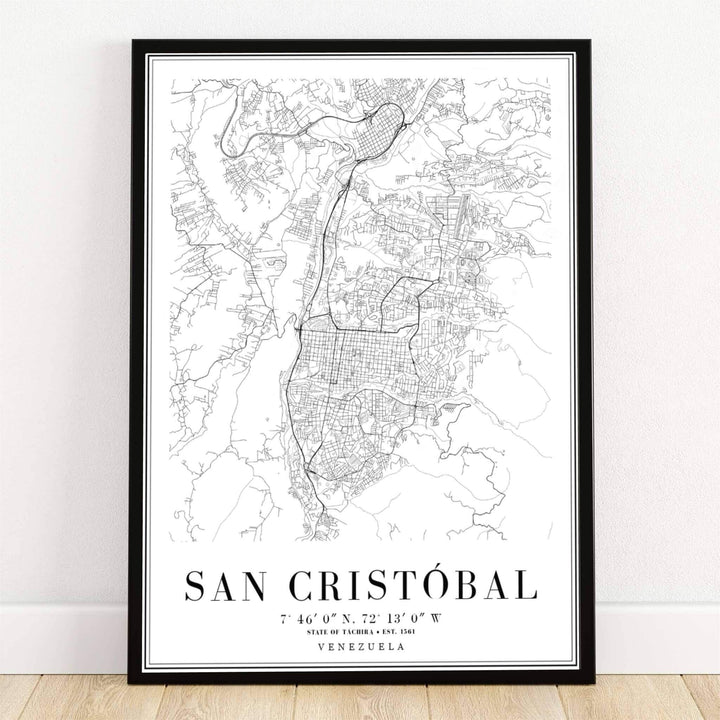San Cristobal Venezuela black and white map art print featuring a high-contrast minimalist street grid, river lines, and geographical coordinates. Crafted by MapYourDreams, this design can be ordered as borderless archival paper, custom wooden frames, or gallery canvas wraps.