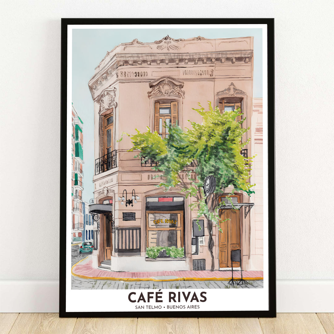 Highlighting the historic corner facade of Café Rivas in Buenos Aires, this San Telmo Cafe Rivas print features dusty rose stucco and lush green tree leaves, available from MapYourDreams in flexible choices such as unframed paper, custom wooden frames, and gallery canvas wraps.