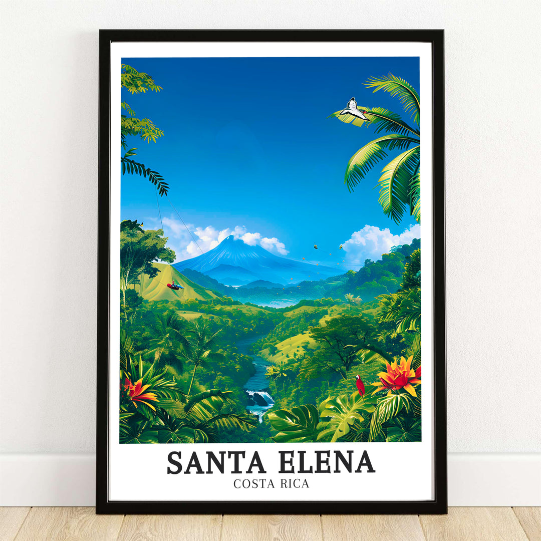 Arenal Volcano towers over the lush rainforest valley and winding river of Santa Elena in Costa Rica on this travel poster. MapYourDreams provides framed, unframed, and canvas options.