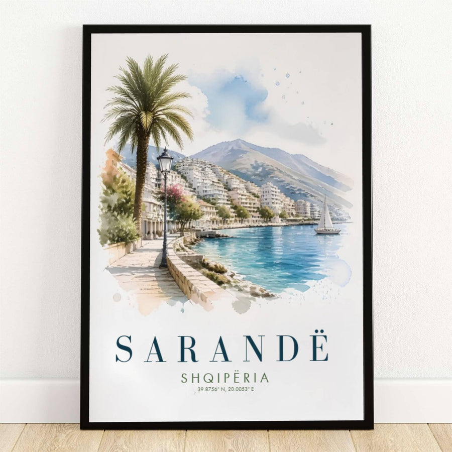 A tall tropical palm tree frames a sweeping seaside promenade along the sparkling turquoise waters of Sarandë, Albania, in this fine art print. Offered by MapYourDreams, this artwork is available in flexible options including unframed paper, custom wooden frames, and gallery canvas wraps.