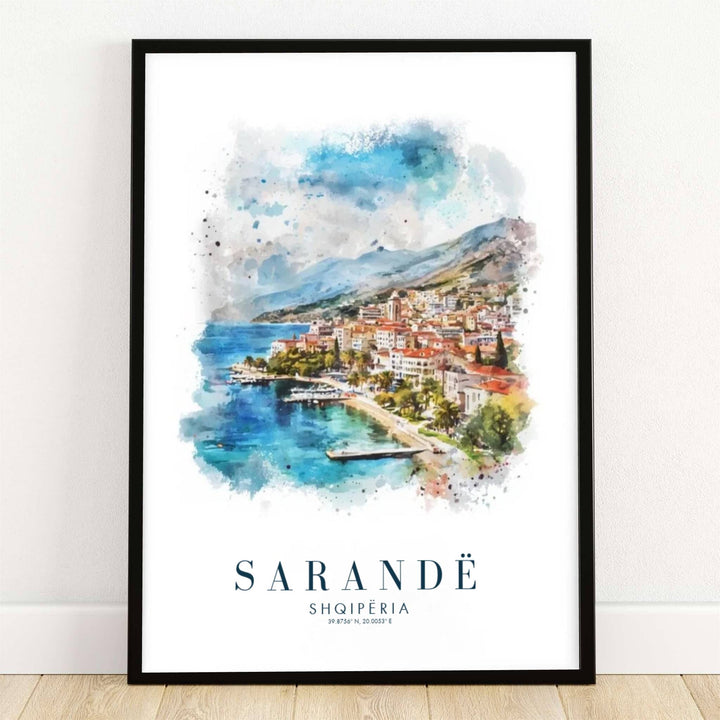 A sweeping Ionian bay curves past the tiered hillside resort buildings of Sarandë, Albania, in this fluid watercolor art print. Offered by MapYourDreams, this artwork is available in flexible options including unframed paper, custom wooden frames, and gallery canvas wraps.