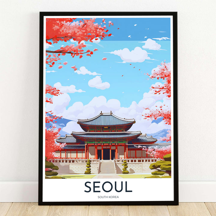 Detailed vector art print capturing Geunjeongjeon Hall at Gyeongbokgung Palace in Seoul, South Korea, framed by blooming pink cherry blossom branches, green pine trees, and fluffy white clouds against a bright blue sky. Offered by MapYourDreams, this artwork is available in flexible options including unframed paper, custom wooden frames, and gallery canvas wraps.