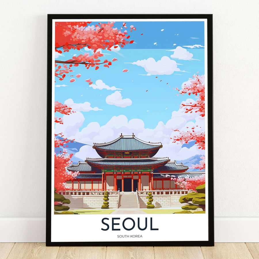 Detailed vector art print capturing Geunjeongjeon Hall at Gyeongbokgung Palace in Seoul, South Korea, framed by blooming pink cherry blossom branches, green pine trees, and fluffy white clouds against a bright blue sky. Offered by MapYourDreams, this artwork is available in flexible options including unframed paper, custom wooden frames, and gallery canvas wraps.