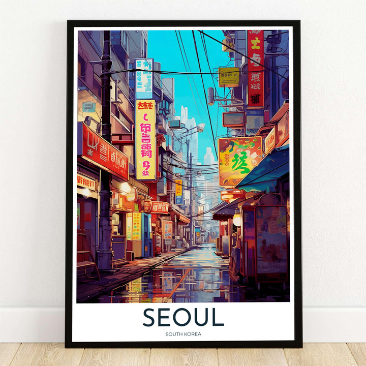 Vibrant anime-style art print capturing a atmospheric street alleyway in Seoul, South Korea, filled with glowing red and yellow neon shop signs, wet reflective pavement, and overhead power lines under a turquoise evening sky. Offered by MapYourDreams, this artwork is available in flexible options including unframed paper, custom wooden frames, and gallery canvas wraps.